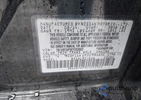2014 Nissan Sentra Sr from USA, damaged, VIN 3N1AB7AP9EY293903